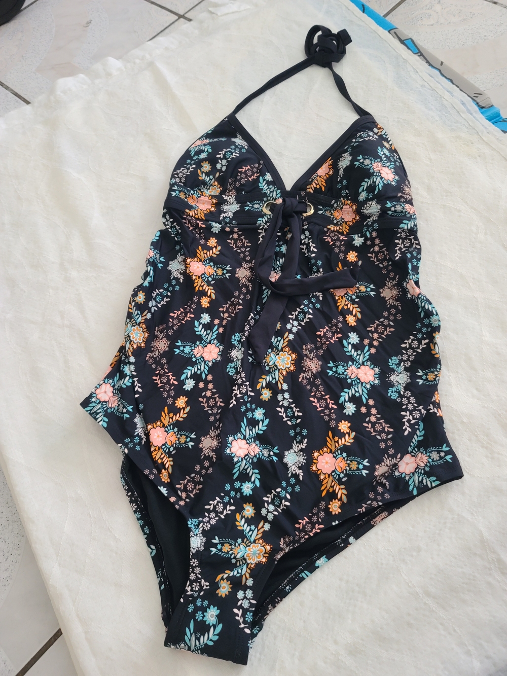 Women’s Black Floral One-Piece Swimsuit with Tie Front